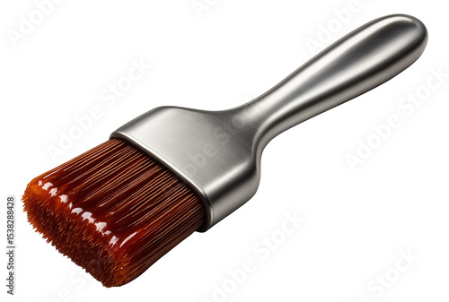 Silver metal basting brush with glossy brown sauce on bristles.