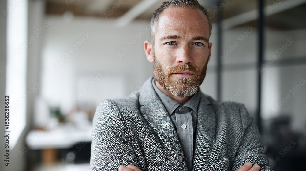 Fototapeta premium Confident Business Professional in Stylish Gray Suit Posing in Modern Office Space