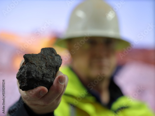 Fotografie Manganese ore held by geologist, metallurgist, towards camera