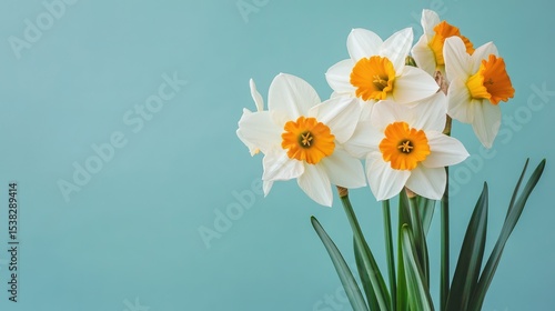 Fresh White Daffodil Bouquet on Light Blue Background