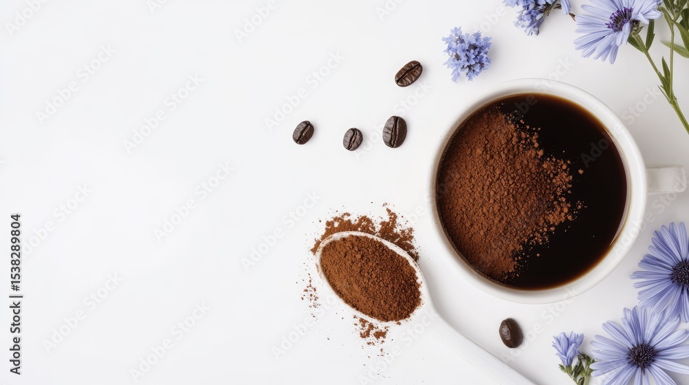 Fototapeta premium Ground chicory root in spoon with chicory drink and coffee in cup on white background. Herbal beverage and coffee alternative. Space for text.