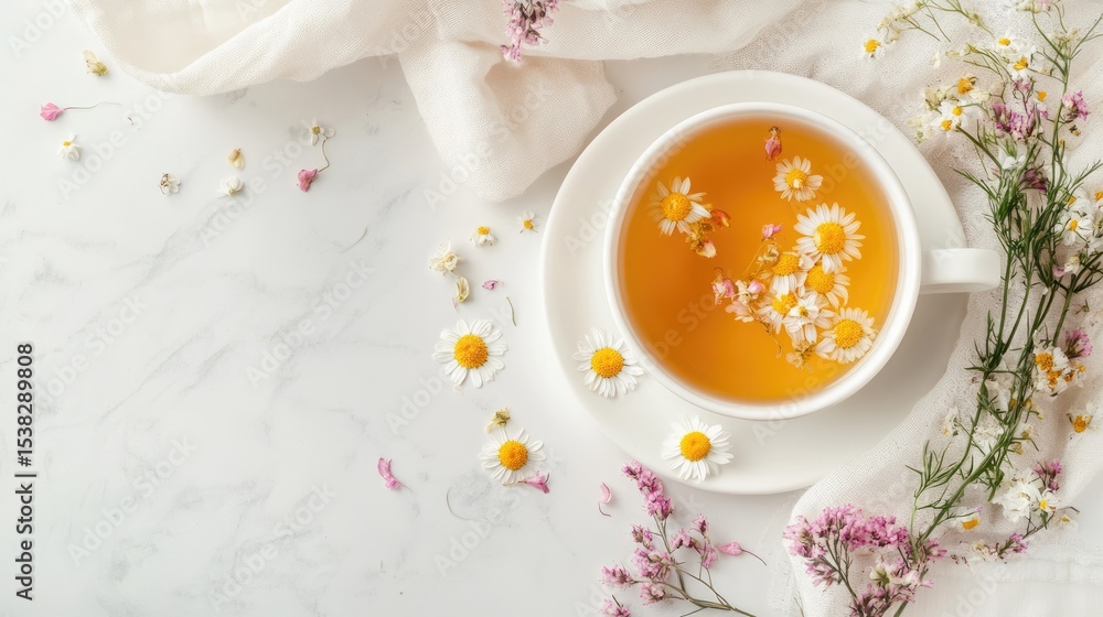 Healthy Detox Drink: Chamomile Tea with Dry Flowers in White Cup on Light Background Healthy Detox Drink: Chamomile Tea with Dry Flowers in White Cup on Light Background