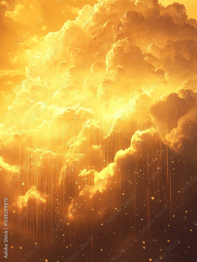 Obraz premium Golden clouds with rain and sunlight during sunset.