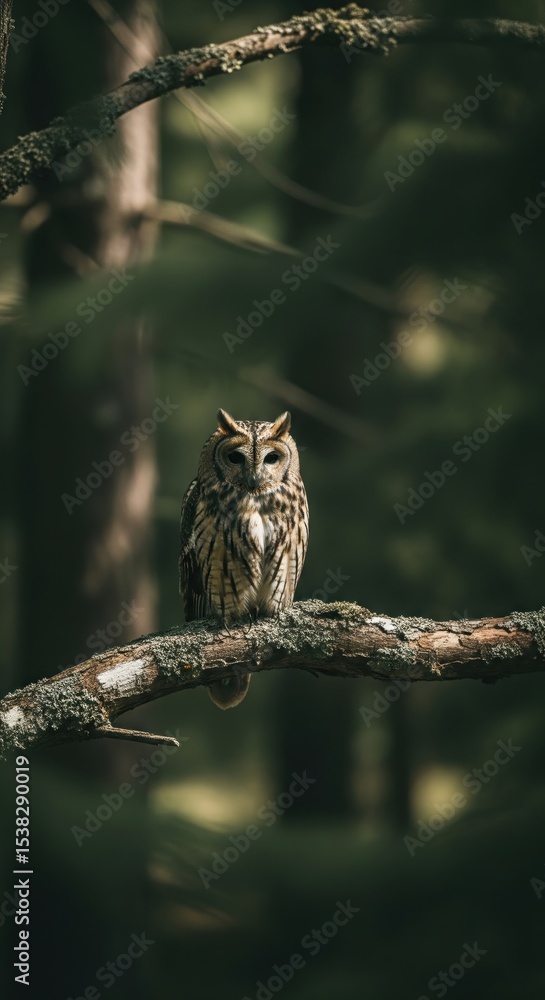 Majestic Owl Perched On Tree Branch In Forest Majestic Owl Perched On Tree Branch In Forest