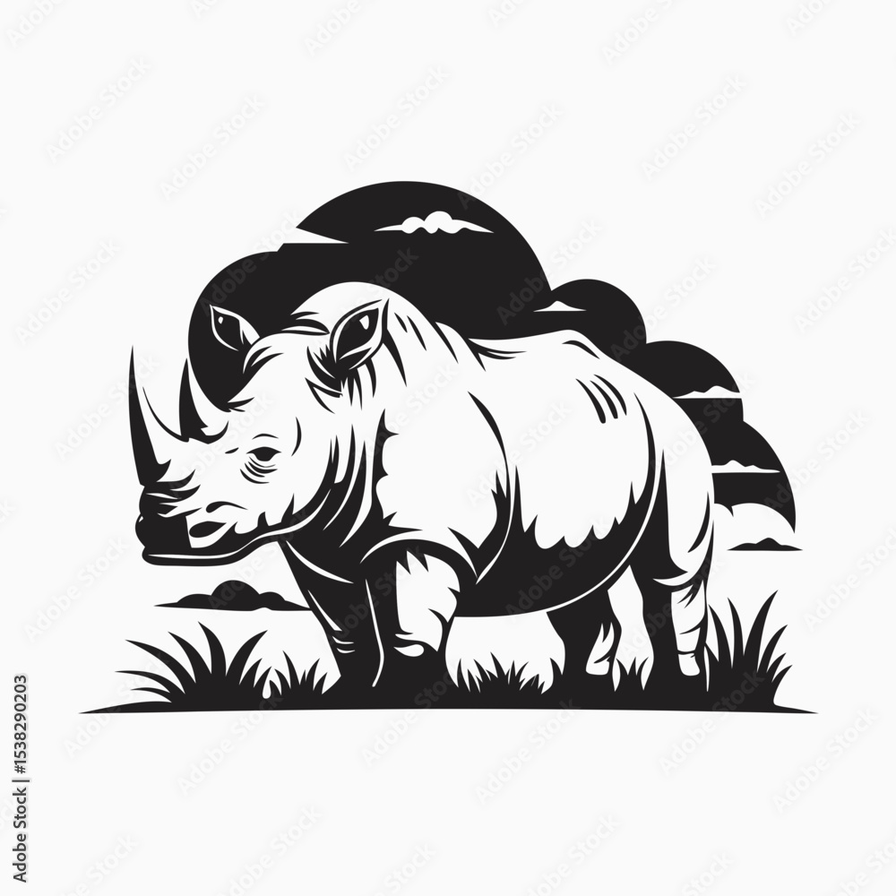 Fototapeta premium A monochrome illustration of a rhinoceros standing in grass with a cloudy background design element created with generated ai