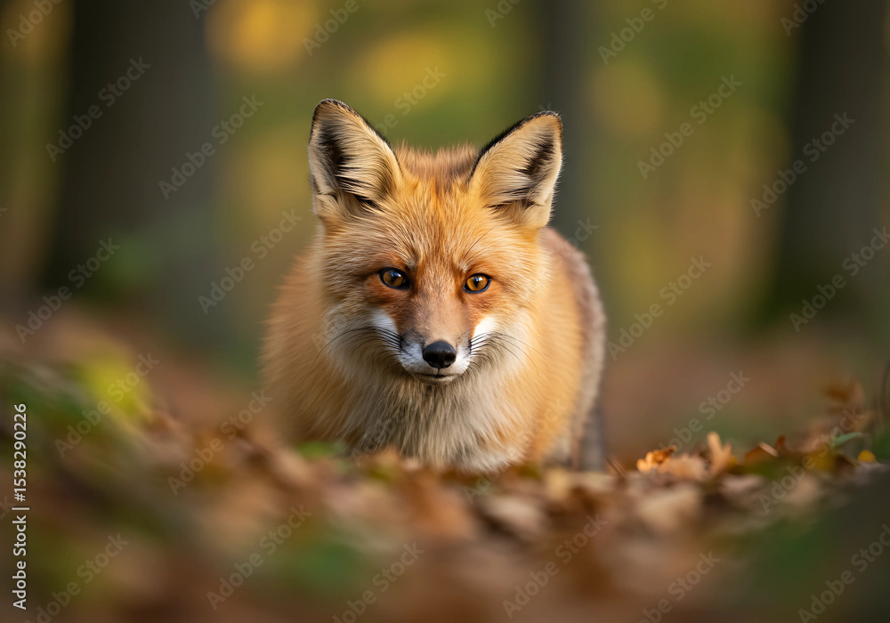 A cute red fox cub sitting in the woods, a young wild mammal and skillful predator A cute red fox cub sitting in the woods, a young wild mammal and skillful predator