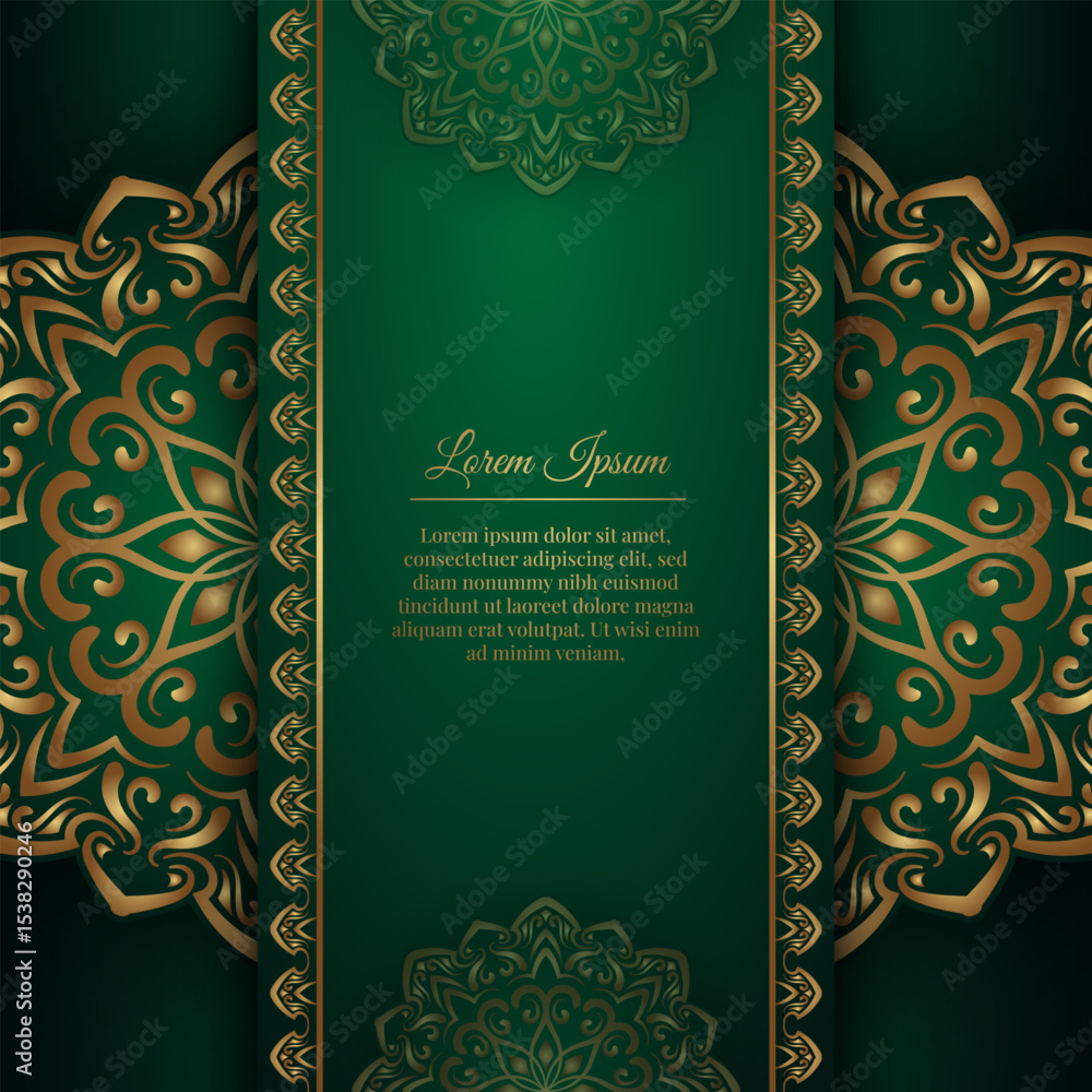 Naklejka premium Green background with gold mandala ornaments