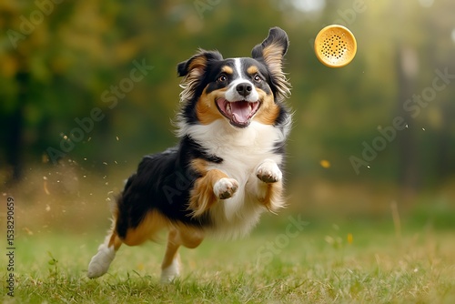 Exciting dog fetching action in nature outdoor playtime vibrant green environment joyful canine adventure