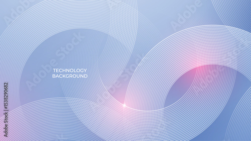 Abstract Thin Line Concentric Circles with Pink Sun Bokeh Glare Effect. Abstract Digital Technology Modern Background. White Circle Design Elements on Light Soft Blue Cover. Vector Illustration.