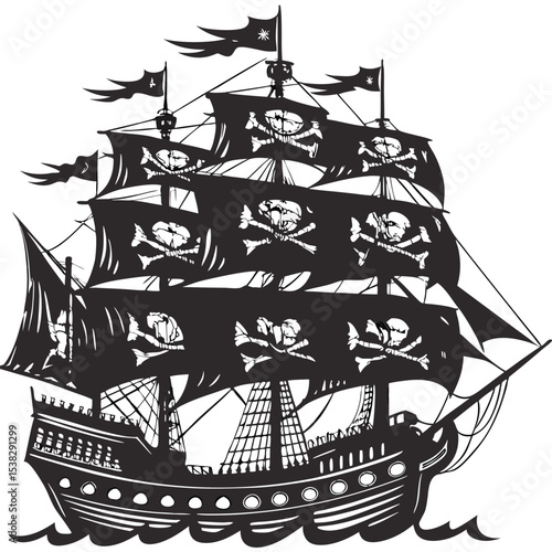 A pirate ship with skull and crossbones sails rides the sea waves ominously