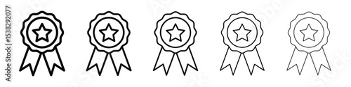 Badge icons in black stroke designs on white background