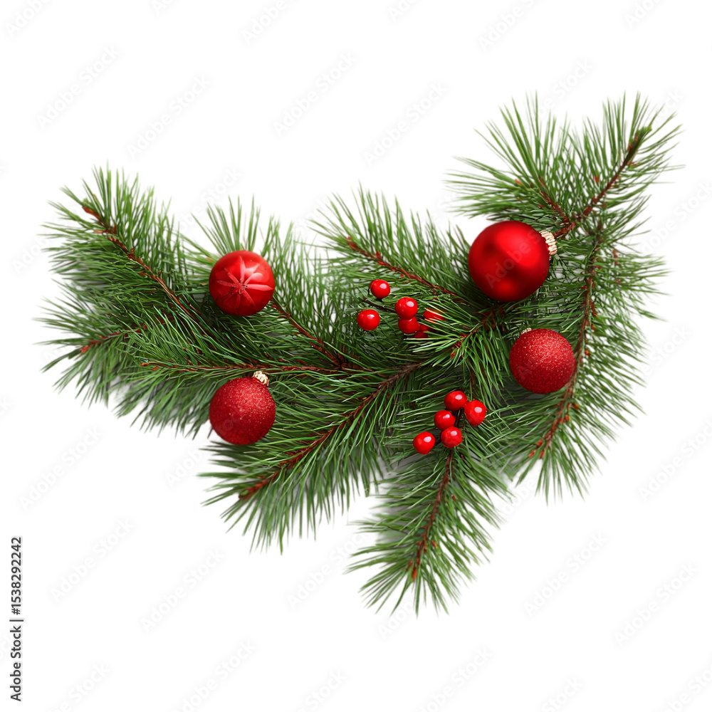 Festive pine branch adorned with red ornaments and berries a perfect Christmas decoration isolated on transparent background Festive pine branch adorned with red ornaments and berries a perfect Christmas decoration isolated on transparent background