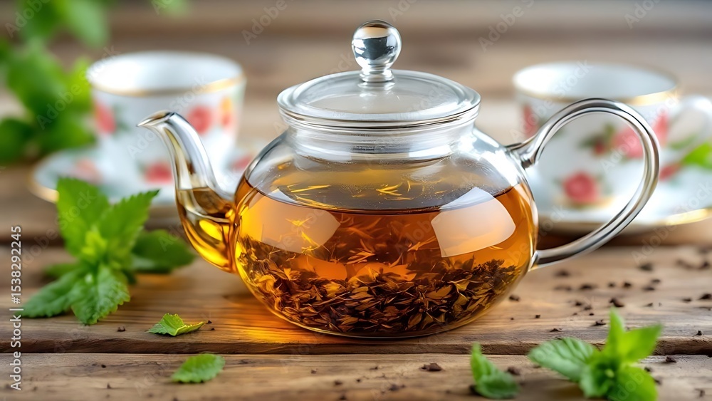Golden loose leaf tea steeping in a transparent glass teapot. Ideal for tea branding, relaxation themes, wellness visuals, and beverage-related content Golden loose leaf tea steeping in a transparent glass teapot. Ideal for tea branding, relaxation themes, wellness visuals, and beverage-related content