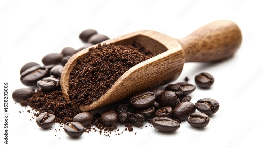Obraz premium Roasted coffee beans and grounds on wooden scoop with white background.