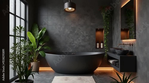 Bathroom interior design with matte black bath and modern shower