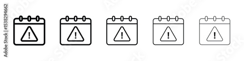 Calendar exclamation icons in black stroke designs on white background