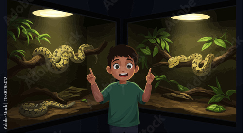 Young boy excitedly pointing at snakes in zoo exhibit  