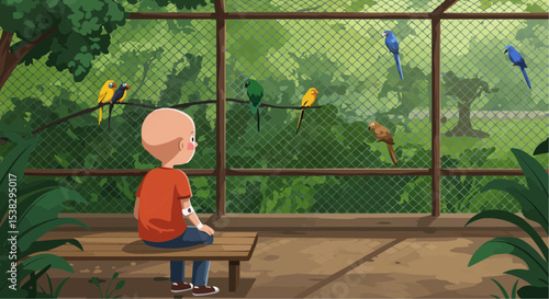 Young boy sitting on bench and watching colorful birds in zoo  