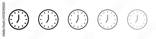 Clock seven icons in black stroke designs on white background
