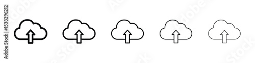 Cloud upload icons in black stroke designs on white background