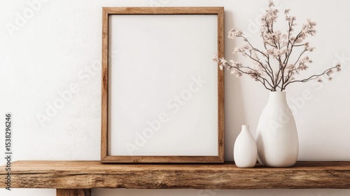 Wooden table with picture frame and vase for display, empty area available.