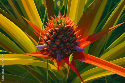 An illustration of a young pineapple growing at the center of a plant. The immature fruit has a textured, spiky surface with a mix of dark purple and red hues. Surrounding the pineapple are long