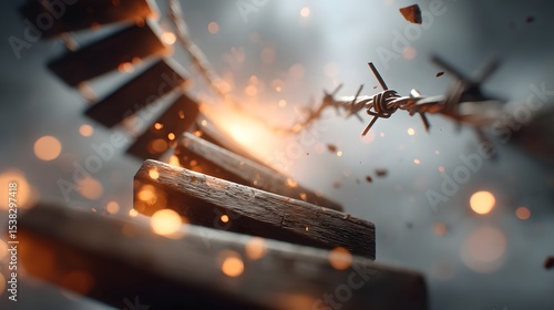 A drone spiraling out of control and crashing into a surface causing a fiery explosion with sparks and debris scattering through the air in a chaotic scene of destruction and chaos