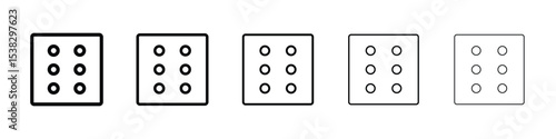 Dice six icons in black stroke designs on white background