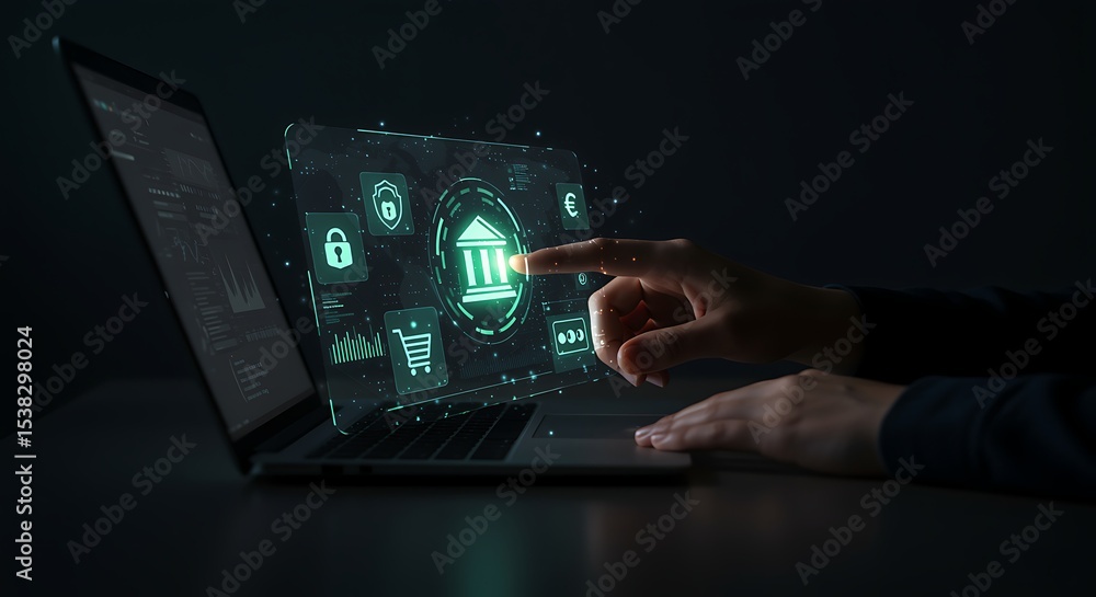 Fototapeta premium Dark Laptop Screen Showing Teal Bank Security Interface