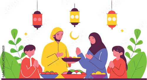 Muslim Family Having Iftar – Ramadan Evening Vector Scene