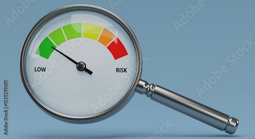 Magnifying Glass Showing Low Risk Gauge Green Yellow Orange Red