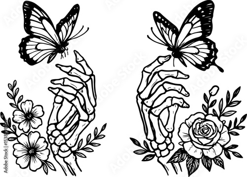 Elegant Skeleton Hands with Butterflies and Flowers Dark Academia Line Art