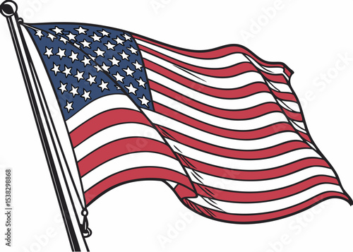 vector illustration of waving american flag on pole for patriotic graphic design