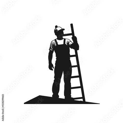 Silhouette of a roofer with ladder on roof, for construction websites