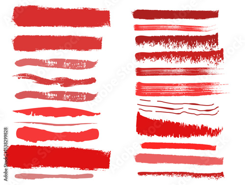 Collection of red paint strokes,set of hand drawn brush strokes,Red line strockes isolated on transparent background,Red stripe flat element.