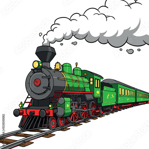 Vintage green steam locomotive train with smoke and passenger cars vector illustration 