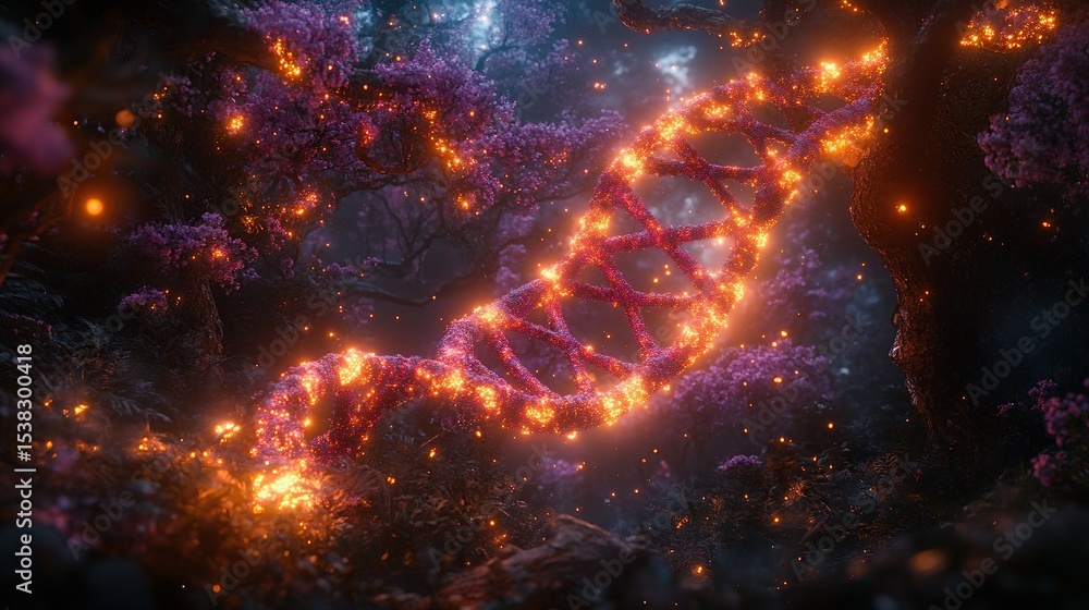 Obraz premium Fiery DNA helix in enchanted forest; science fantasy art