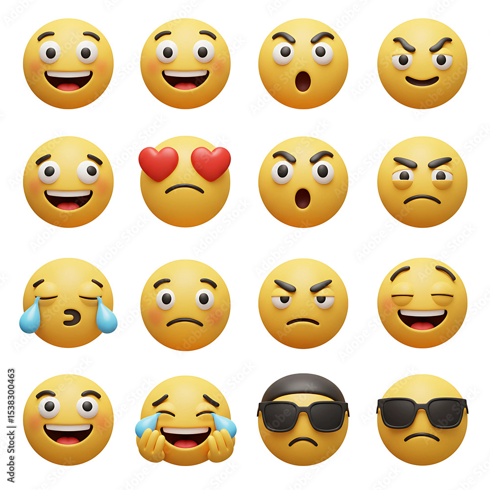 Fototapeta premium A collection of expressive yellow emoji faces displaying various emotions, isolated on white background