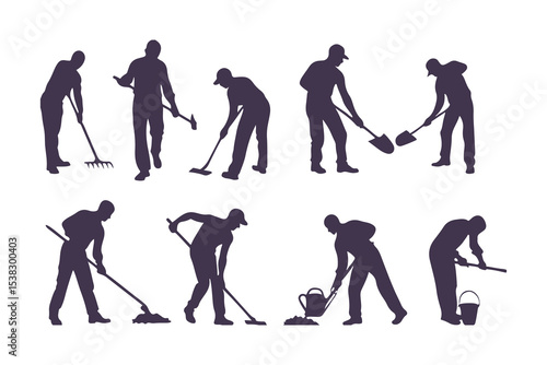 Silhouettes of workers performing outdoor tasks with tools. vector set of people digging, sweeping, raking, spraying, and cleaning.