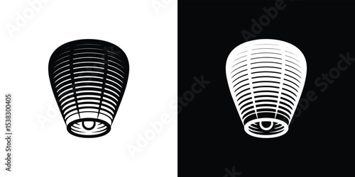 Black and White Illustration of Two Lanterns with Horizontal Line Details on Split Background