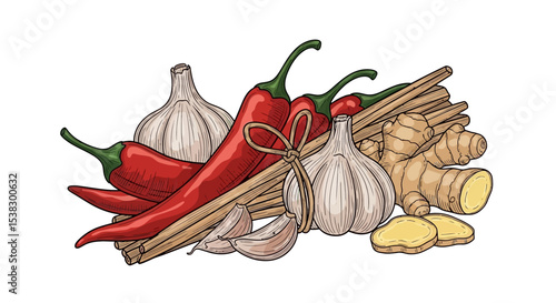 Asian Cuisine Ingredients Illustration: Chili, Garlic, Ginger, Lemongrass