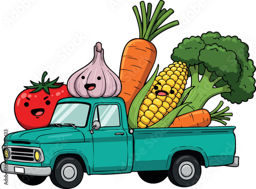 Cartoon pickup truck carrying fresh vegetables including tomato garlic carrot corn and broccoli vector illustration 