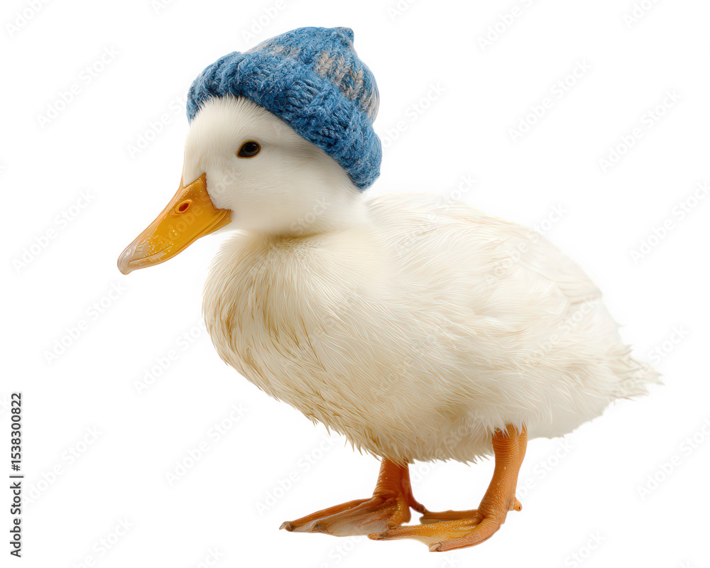 Obraz premium White duck blue winter hat standing isolated cute fluffy animal bird cold weather cheerful expression