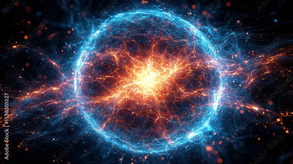 Fototapeta premium Fiery energy sphere, cosmic background, digital art