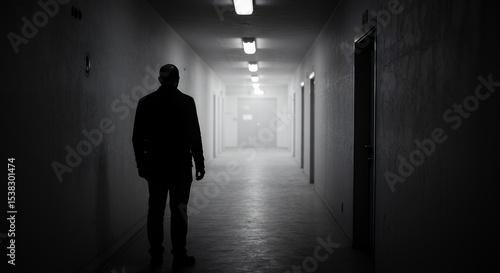 Silhouette of Man Walking Down Dark Long Hallway with Lights