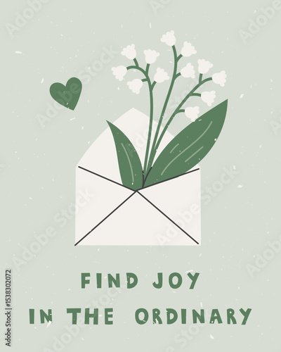 Motivational Floral Wall Art Encouraging poster with envelope and lily of the valley. Flower Bouquete Shabby Chic Card. Vintage aethtetic. Vector illustration