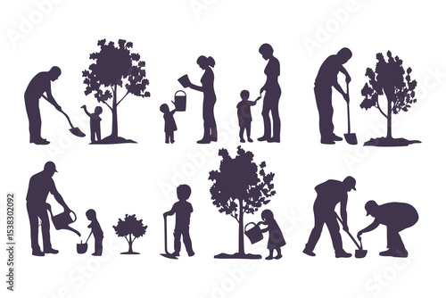 Silhouettes of people gardening. vector set of men and women planting, watering, digging, and taking care of plants and flowers.