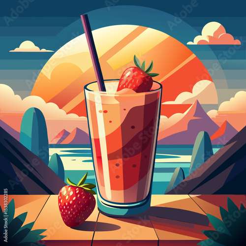 Strawberry smoothie with straw against sunset landscape
