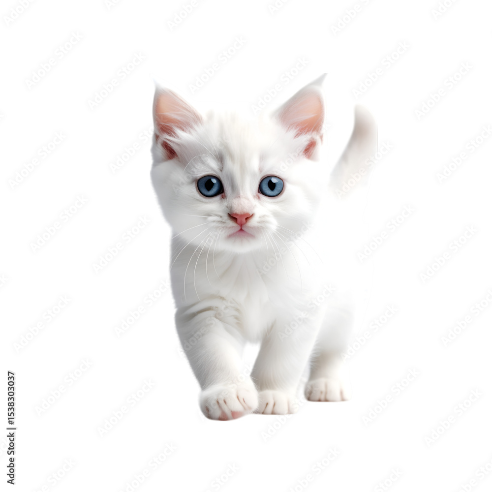 Graceful Stroll of a Pristine White Kitten: A charming white kitten with striking blue eyes and delicate features takes a graceful step forward. Capturing its pure innocence and feline elegance. Graceful Stroll of a Pristine White Kitten: A charming white kitten with striking blue eyes and delicate features takes a graceful step forward. Capturing its pure innocence and feline elegance.