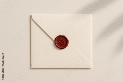 Closed beige envelope with red wax seal on light background, classic style stationery for invitation or message